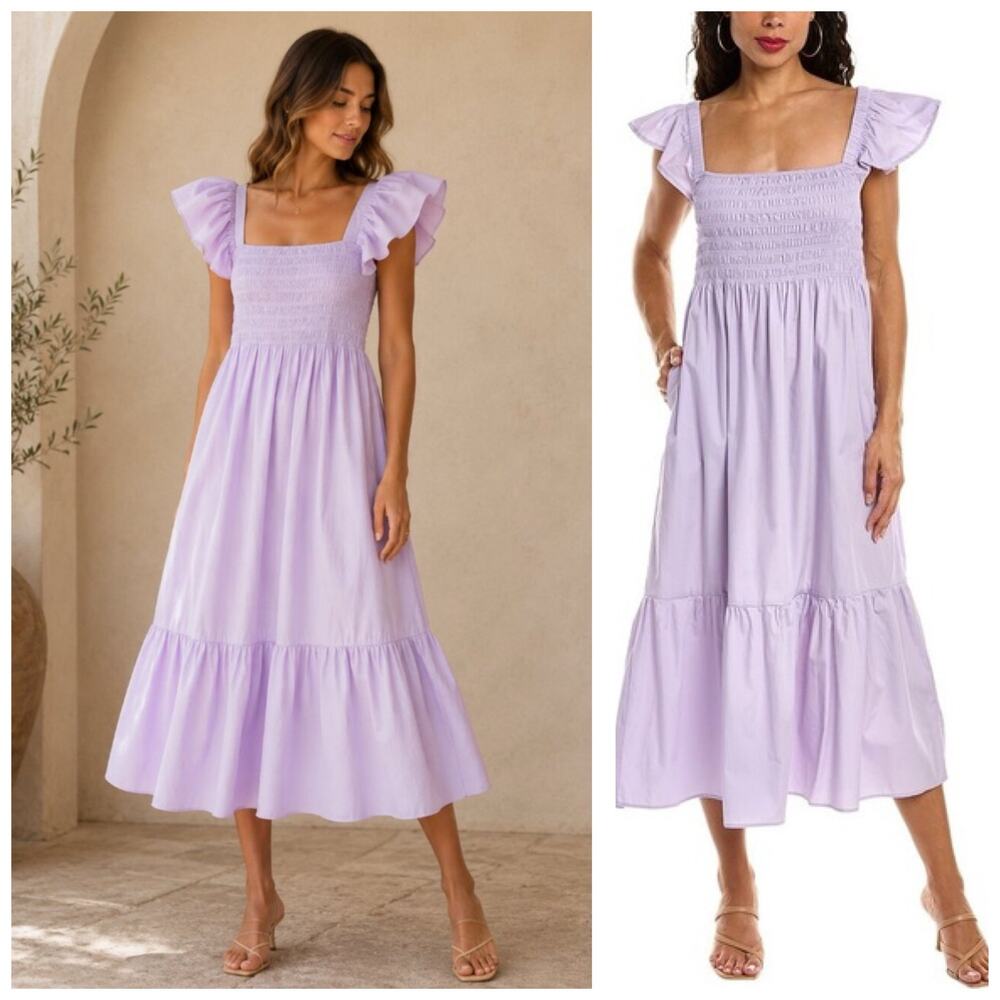 O.P.T Tuscany Tiered Smocked Midi Nap Dress Flutter Sleeve Lavender Cotton Small